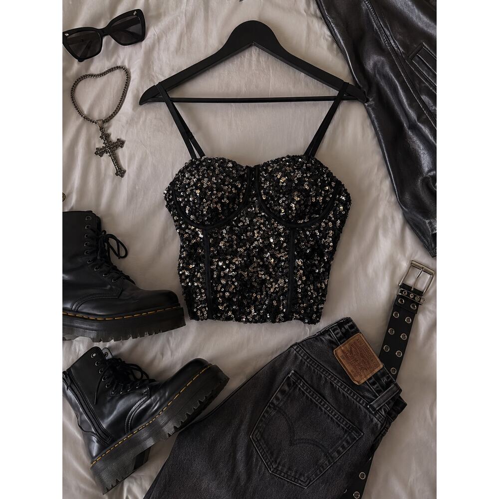 Y2K Black Sequin NWOT Corset Crop Top Glam Bustier Top M No Boundaries